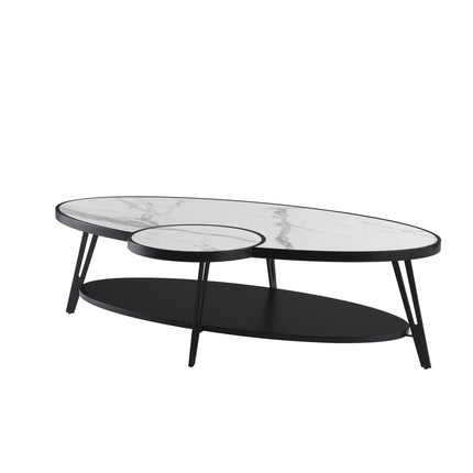 53" White and Black Sintered Stone and Iron Oval Coffee Table With Shelf