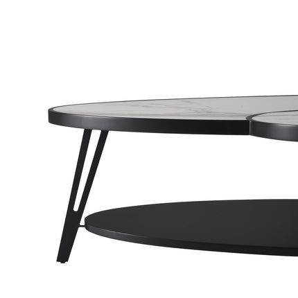 53" White and Black Sintered Stone and Iron Oval Coffee Table With Shelf