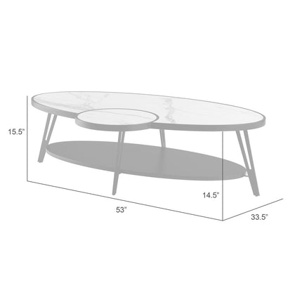 53" White and Black Sintered Stone and Iron Oval Coffee Table With Shelf