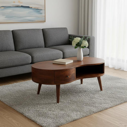 41" Chestnut Solid Wood Free Form Coffee Table With Drawer And Shelf