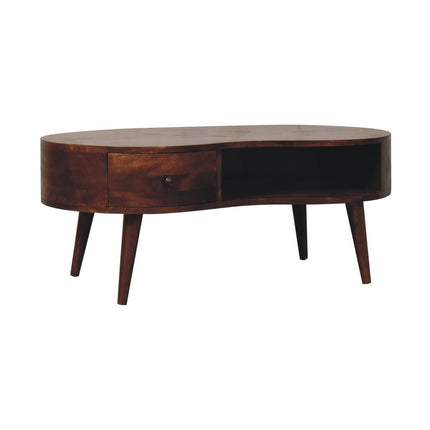 41" Chestnut Solid Wood Free Form Coffee Table With Drawer And Shelf