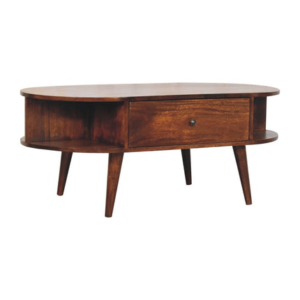43" Chestnut Solid Wood Oval Coffee Table With Two Drawers And Two Shelves