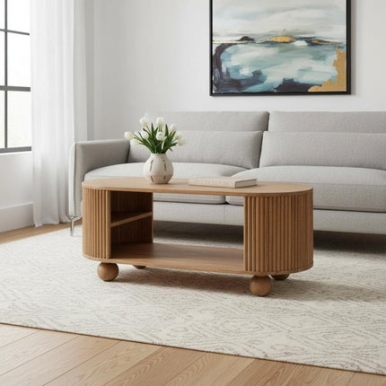 43" Oak Solid Wood Oval Coffee Table With Shelf