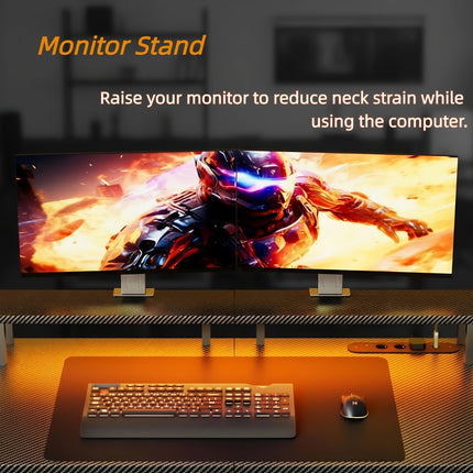 RGB Gaming Desk with Power Outlets & Monitor Stand, Large Wide Computer Workstation