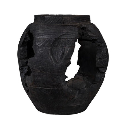 14" Black Solid Wood Table Vase With Sculptural Details
