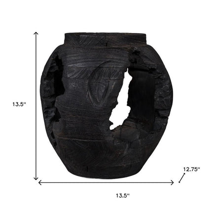 14" Black Solid Wood Table Vase With Sculptural Details