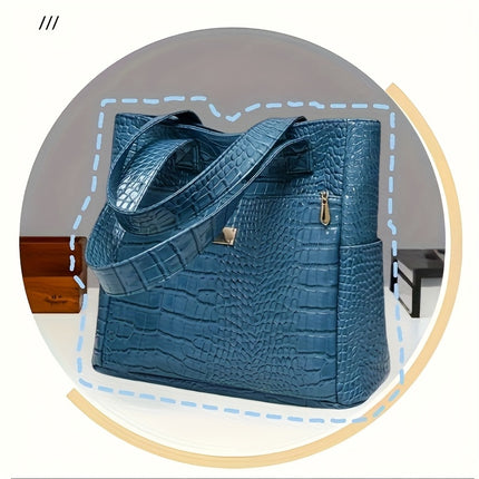 Women's preferred large-capacity tote: elegant, solid-color, crocodile-patterned PU bag with secure zipper