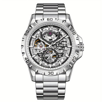 Men'S Mechanical Watch - Elegant Hollow Dial with Stainless Steel Strap,