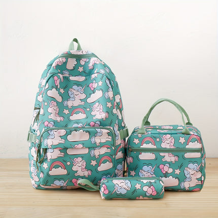 Cartoon Nylon Print Backpack, Campus Lightweight Large Capacity Student Bookbag Three-Piece Set