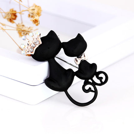 Crown size black cat brooch