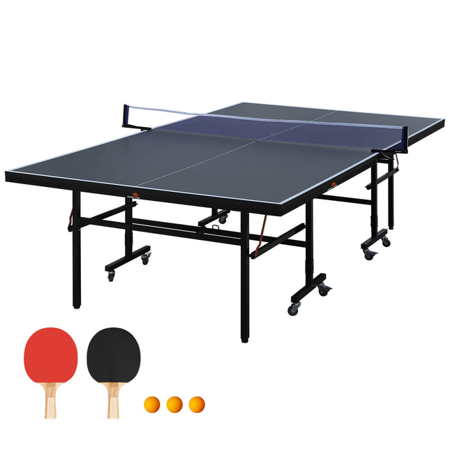 DOUBLE FISH [Folding Table] 9ft Folding Rolling Table Tennis Table2 Paddles, 3 Balls, 1 Net And Post Set black Fold-Up Design, 8 Wheels for Easy Movement