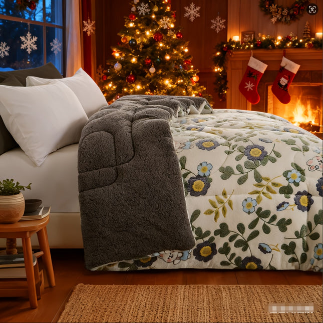 1pc Luxury Double-Sided Winter Quilt, Floral and Geometric Design, Quilting Process,