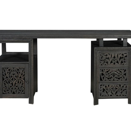 68" Black Solid Wood and Metal Carved Floral Desk With Three Drawers