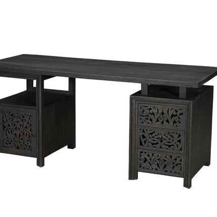 68" Black Solid Wood and Metal Carved Floral Desk With Three Drawers