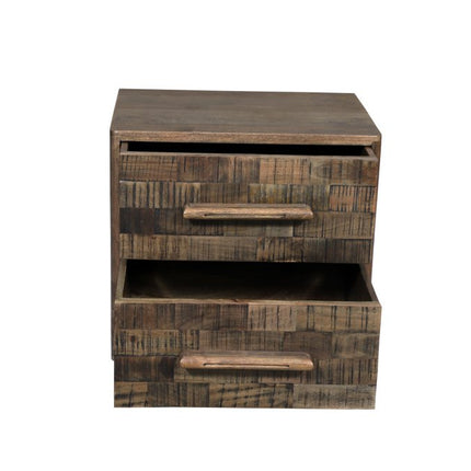 26" Brown Solid Wood Carved Geometric Two Drawer Nightstand