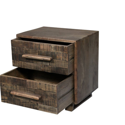 26" Brown Solid Wood Carved Geometric Two Drawer Nightstand