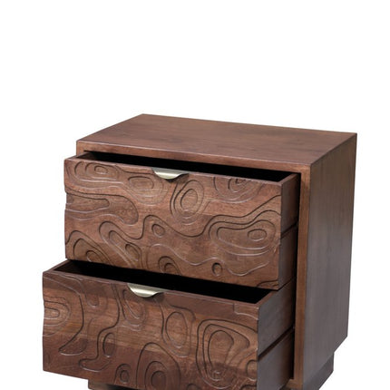 26" Brown Solid Wood Carved Abstract Two Drawer Nightstand