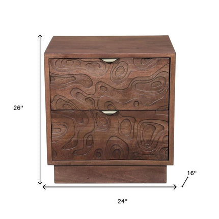 26" Brown Solid Wood Carved Abstract Two Drawer Nightstand