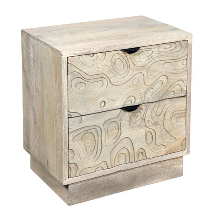 26" Gray Solid Wood Carved Abstract Two Drawer Nightstand