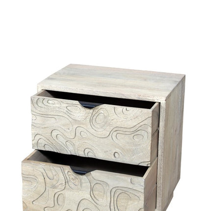 26" Gray Solid Wood Carved Abstract Two Drawer Nightstand