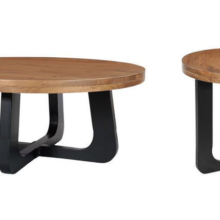 Set Of Two Natural and Black Solid Wood and Iron Round Cross Legs Coffee Table