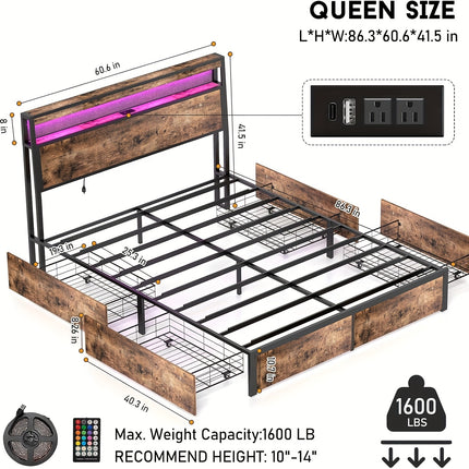 Bed Frame Available in Full, Queen, And King Sizes Featuring Four Storage Drawers