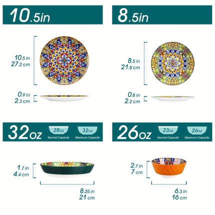 24pcs Dinner Set Stoneware Bohemian Style Tableware with Dinner Plate Dessert Plate Pasta Bowl Cereal Bowls