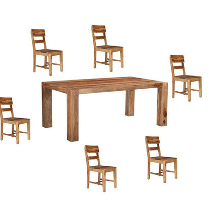 Seven Piece Brown Solid Wood Dining Set with Six Chairs and One Bench
