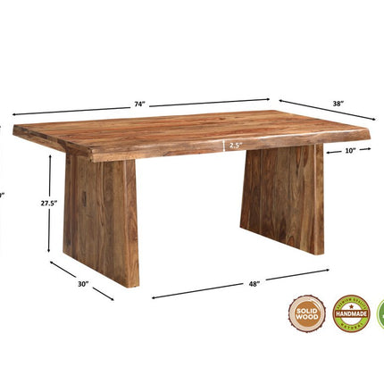 Seven Piece Brown Solid Wood Dining Set with Six Chairs and One Bench