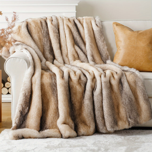 Luxury Reversible Fox Fur & Plush Velvet Throw Blanket - Super Soft Fluffy All-Season Grey Elegant Blanket