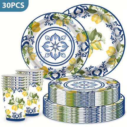 30pcs Disposable Tableware Set Featuring a Lemon And Blue Porcelain Theme, Uncoated Utensils