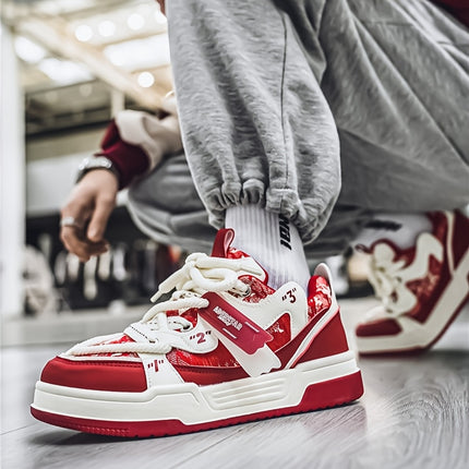 Men's Versatile Street Style Skateboot Shoes - Casual Fashion Sneakers in Red & White with Abstract Pattern,