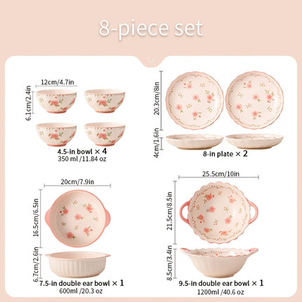 8pcs French Country Ceramic Dinnerware Set with Red Glaze & Peach Blossom Pattern Round Plates,