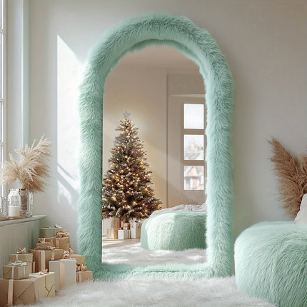 24" x 65" Arched Full-Length Mirror with Chic Blue Faux Fur Frame - Expansive Reflections, Glass Surface,