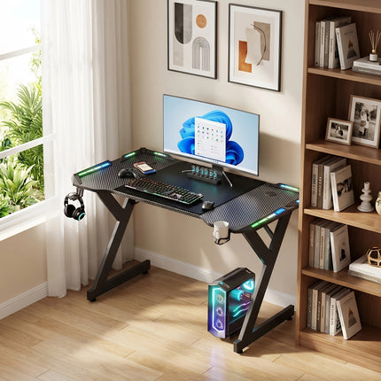 Gaming Desk With Carbon Fiber Desktop And 4 LED Lights, Sturdy Home/office