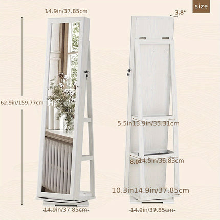 Full-Length Mirror Jewelry Cabinet - Jewelry Armoires with 360° Swivel, Locks and Keys,