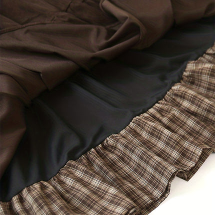 A Thick Patchwork Midi Skirt with a Pocket, Featuring a Corduroy Checkered Design And a Tie