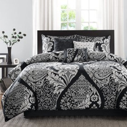 Set of Seven Black And White Damask King Ring Stitch Polyester Sham And Comforter