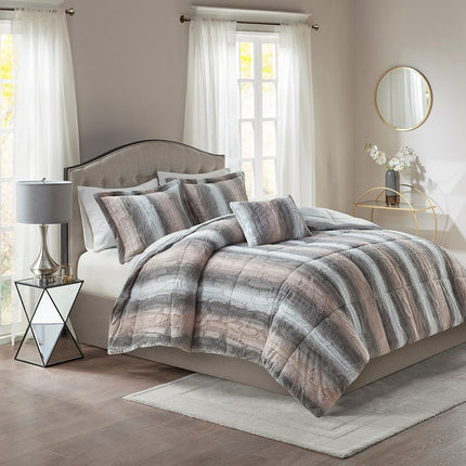 Set of Four Gray And Pink Striped King Ring Stitch Polyester Sham And Comforter