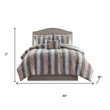 Set of Four Gray And Pink Striped Queen Ring Stitch Polyester Sham And Comforter