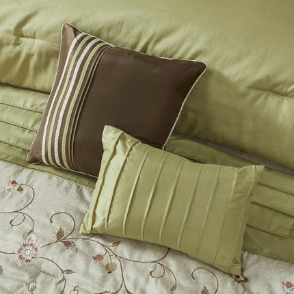 Set of Seven Green And Brown Floral King Ring Stitch Polyester Sham And Comforter