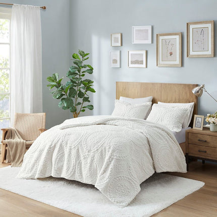 Set of Two Ivory Medallion Twin Ring Stitch Polyester Sham And Comforter