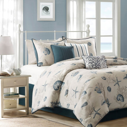 Set of Seven Blue And Ivory Shells and Starfish King Ring Stitch Comforter And Sham