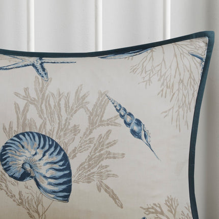 Set of Seven Blue And Ivory Shells and Starfish King Ring Stitch Comforter And Sham