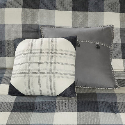 Set of Seven Gray And Ivory Plaid King Ring Stitch Polyester Sham And Comforter