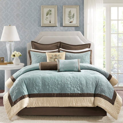 Set of Nine Ivory And Light Blue Medallion King Ring Stitch Polyester Sham And Comforter