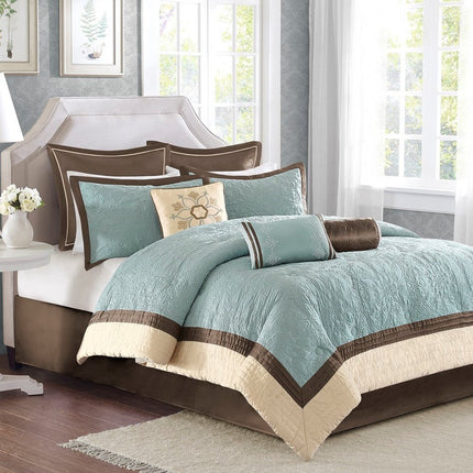 Set of Nine Ivory And Light Blue Medallion King Ring Stitch Polyester Sham And Comforter