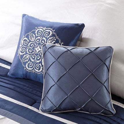 Set of Seven Navy Blue Striped Queen Ring Stitch Polyester Sham And Comforter