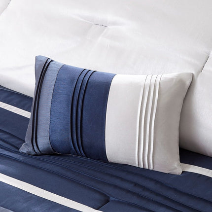 Set of Seven Navy Blue Striped Queen Ring Stitch Polyester Sham And Comforter