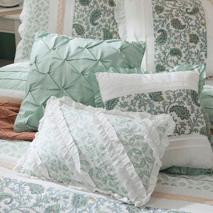 Set of Nine Aqua And Ivory Paisley King Ring Stitch Polyester Sham And Comforter